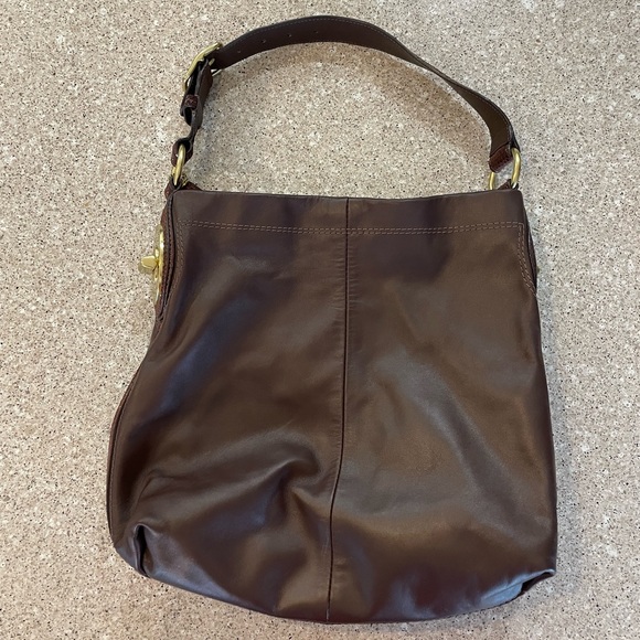 Coach chocolate brown leather shoulder bag with croc leather & gold hardware - Picture 1 of 6